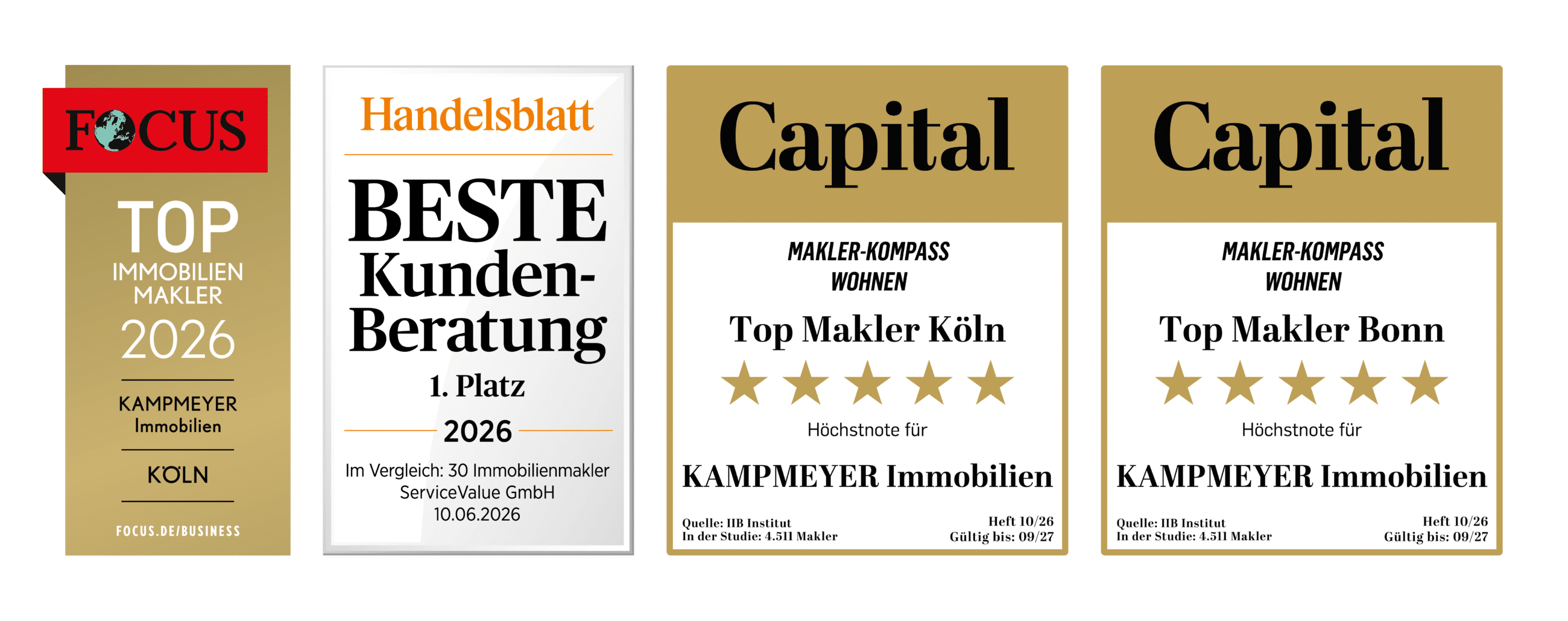 Vier Auszeichnungssiegel von Focus, Handelsblatt und Capital, mit denen KAMPMEYER Immobilien als eine der führenden Agenturen für Neubau in Köln und Bonn für das Jahr 2026 gewürdigt wird.