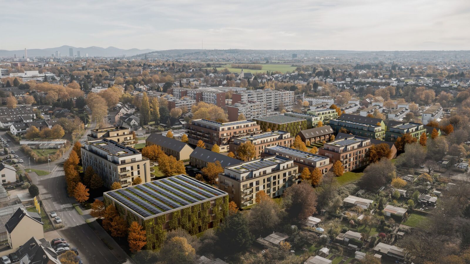 Luftbild-Visualisierung des GROOTE Quartiers in Bonn-Dransdorf im Herbst: neue Wohnhäuser zwischen herbstlich gefärbten Bäumen und Gärten.